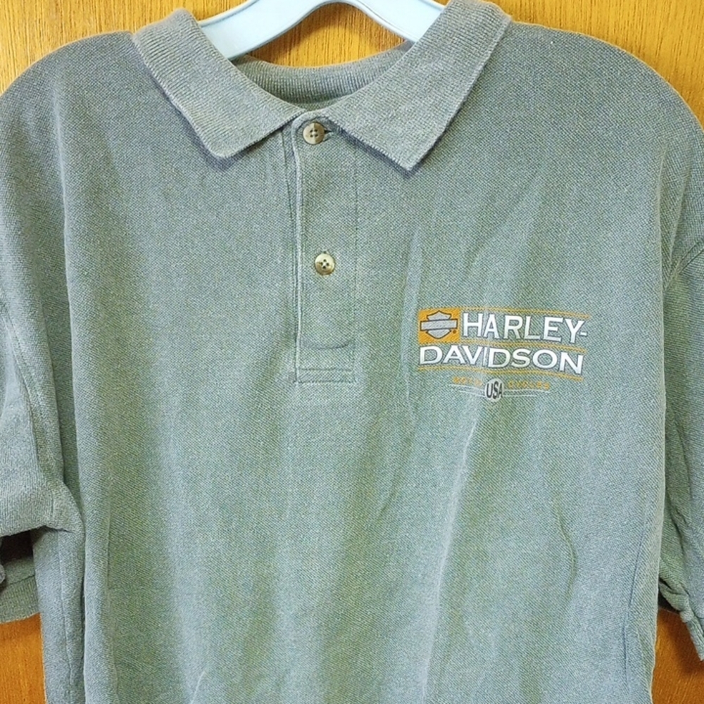 Vintage Harley-Davidson Large Green Polo Shirt, Collar, Buttons, Honesdale, PA